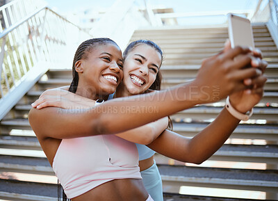 Buy stock photo Diversity, phone and fitness friends take selfie as girls running, training and cardio workout outdoors together. Sports, Smile and black woman with Latino best friend in Washington DC to exercise 