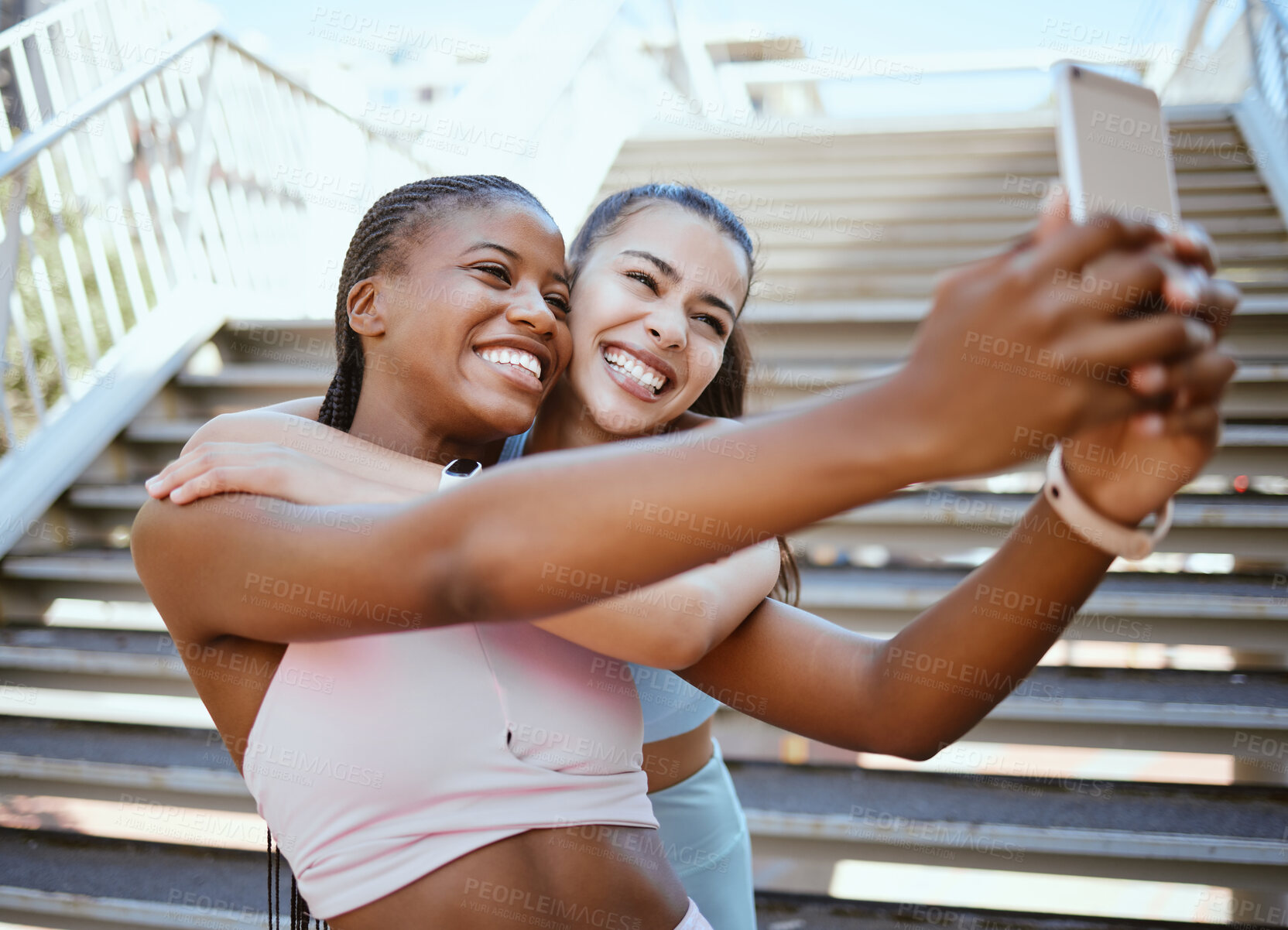 Buy stock photo Diversity, phone and fitness friends take selfie as girls running, training and cardio workout outdoors together. Sports, Smile and black woman with Latino best friend in Washington DC to exercise 