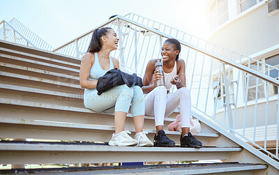 Buy stock photo City fitness, relax and friends on stairs after running for cardio with water together in Australia. African runner women with smile, laughing and happy after outdoor workout and exercise training