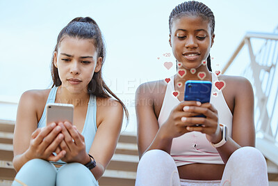 Buy stock photo Social network, smartphone and fitness women friends or influencer partner with love emoji notification graphic icon. Sports girl on social media confused with algorithm update and digital connection