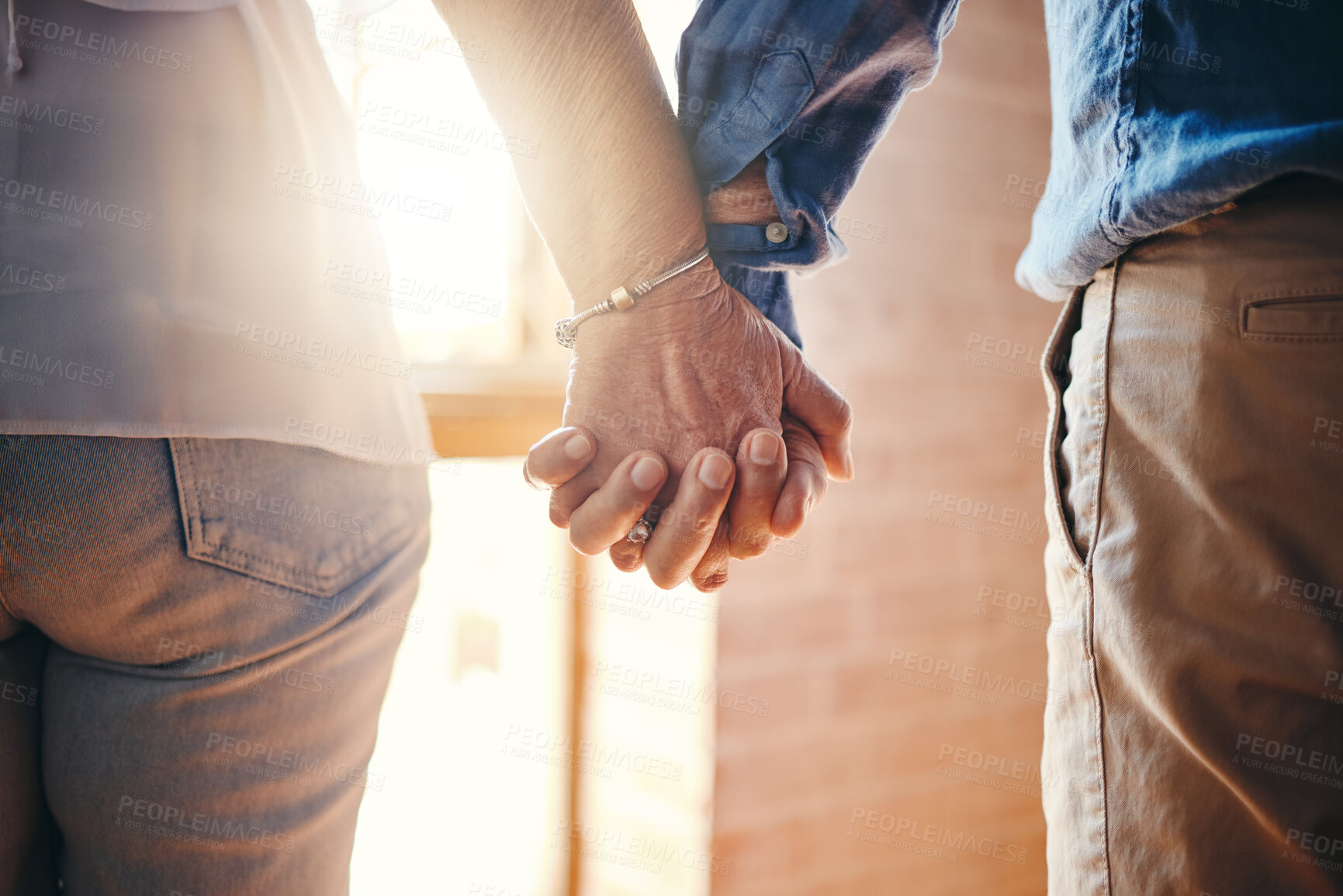 Buy stock photo Love, support and elderly couple holding hands in unity and hope after cancer diagnosis. Trust, help and compassion with senior man and woman standing in power and togetherness for health challenge