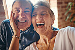 Happy senior couple, funny selfie portrait in retirement and embrace marriage lifestyle on Rome holiday. Woman show teeth with smile, comic man laugh at crazy joke and elderly wrinkles face together