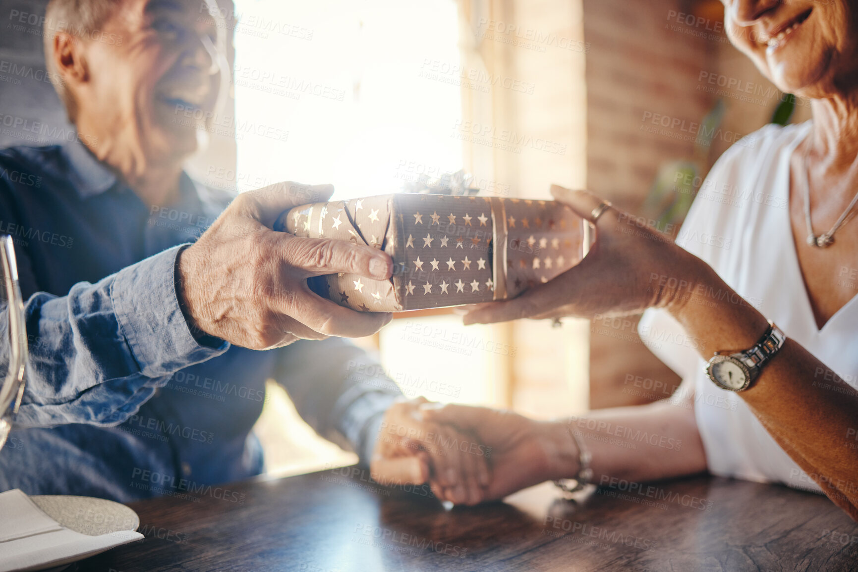 Buy stock photo Box, love and senior couple with a gift exchange in celebration of a romantic and happy marriage anniversary. Smile, romance and married man giving an elderly wife a surprise present to celebrate her