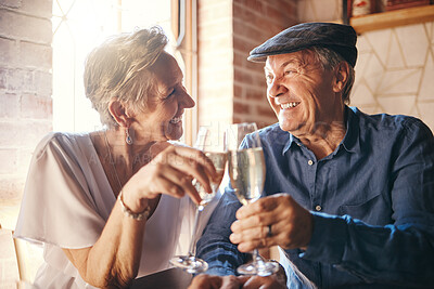 Buy stock photo Elderly couple with champagne toast in restaurant together for anniversary. Senior man and woman with alcohol drink celebrating love, family and marriage. Celebration and cheers to being married