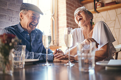 Buy stock photo Love, laughing and old couple holding hands at a restaurant on a romantic wine date in celebration of a happy marriage. Smile, relaxed and senior woman enjoying glass of champagne with funny partner