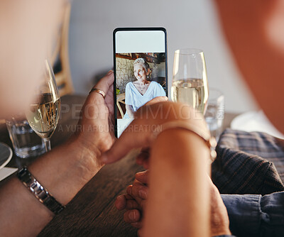 Buy stock photo Phone, image and vacation memories with senior couple drinking champagne sitting at table at restaurant looking at picture gallery on social media. Happy senior woman on smartphone screen on holiday