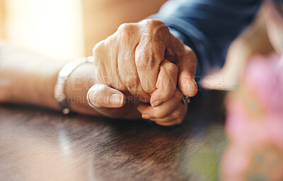 Buy stock photo Senior couple holding hands, love and support for trust, retirement and care together. Closeup old man, elderly woman and hope for helping touch, empathy and solidarity, kindness and happy marriage 