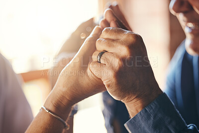 Buy stock photo Support, love and senior couple holding hands for marriage romance, care and trust together. Comfort, compassion and closeup of elderly man and woman in retirement with jewelry, hope and happiness.
