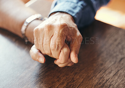Buy stock photo Marriage senior couple holding hands in for support, mental health and care after bad news, results or sick. Love, trust and help with retirement people for depression, family or healthcare problem
