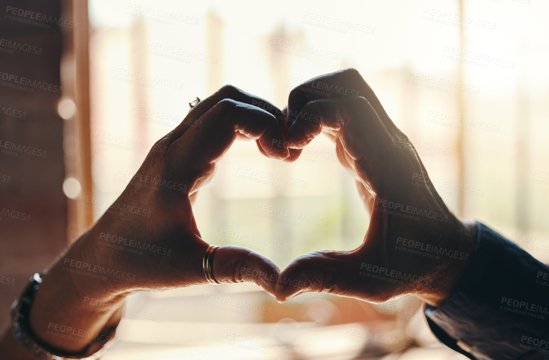 Buy stock photo Heart, hands and gesture for love, care and relationship in trust, unity and commitment. Closeup hand of couple together in romance shape for bonding sign or symbol against blurred background