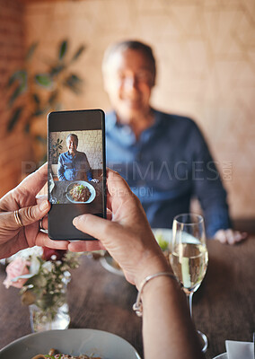 Buy stock photo Happy man, phone screen and photograph in restaurant, cafe and fine dining lunch food for birthday, anniversary and dinner celebration. Couple coffee shop date, senior guy smile and mobile picture