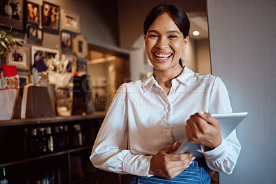 Buy stock photo Restaurant, smile and tablet with woman of small business for digital, management and service. Cafe, success and store with portrait of employee working on vision, waiter and coffee shop startup