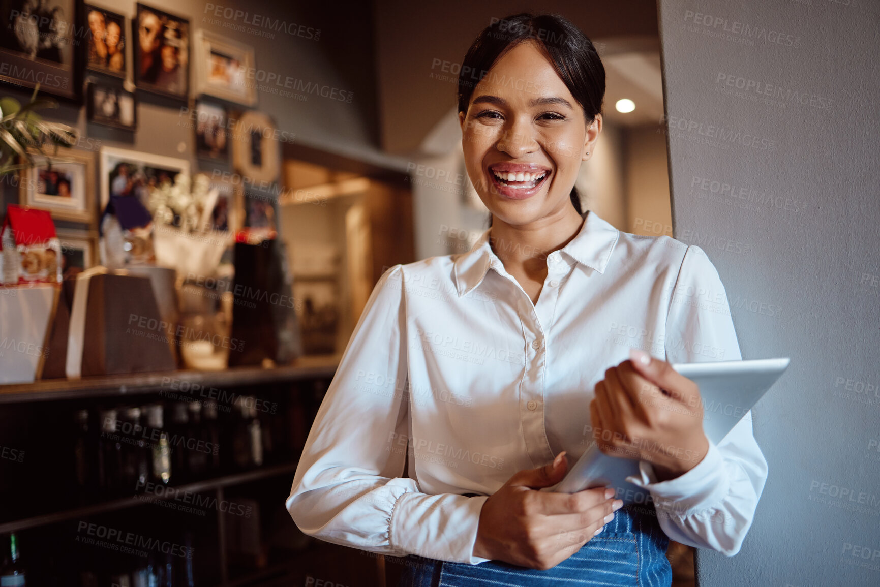 Buy stock photo Restaurant, smile and tablet with woman of small business for digital, management and service. Cafe, success and store with portrait of employee working on vision, waiter and coffee shop startup