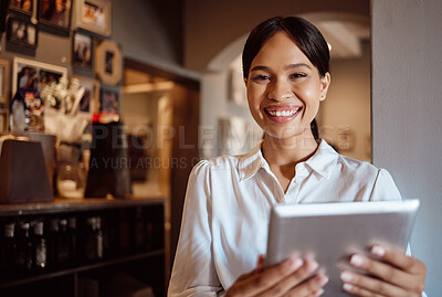 Buy stock photo Tablet, management and coffee shop with a woman small business owner or entrepreneur working in her cafe. Portrait, vision and technology with a female employee using the internet in her restaurant