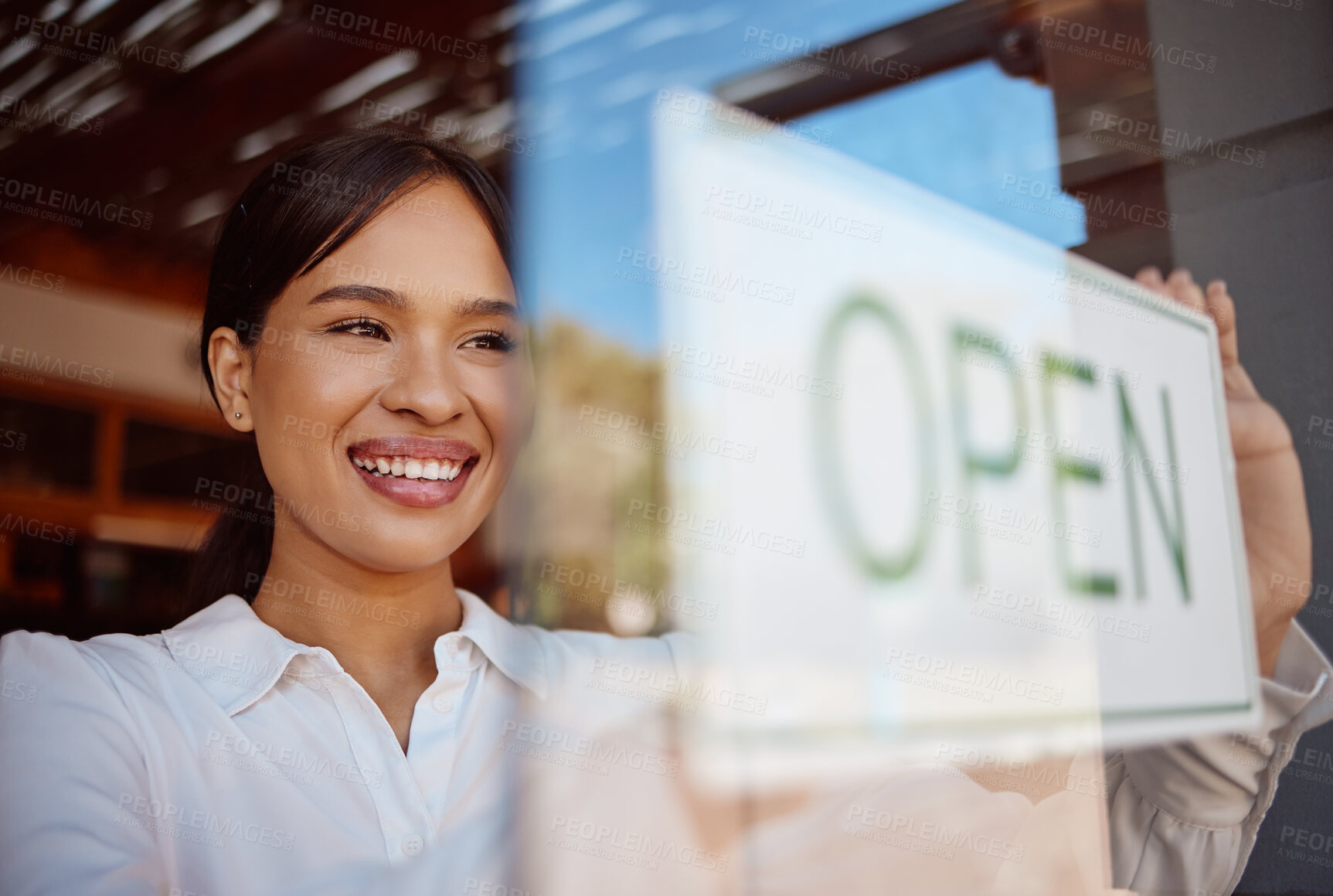 Buy stock photo Small business, cafe and woman advertising with open sign as the manager, boss or employee excited to start. Welcome, smile and happy startup owner marketing her shop or store with a sign on the door