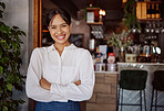 Small business success, cafe restaurant and happy woman leader portrait in Costa Rica hospitality industry. Confident coffee shop manager, waiter food service with apron and store entrance welcome