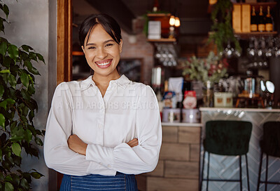 Buy stock photo Small business success, cafe restaurant and happy woman leader portrait in Costa Rica hospitality industry. Confident coffee shop manager, waiter food service with apron and store entrance welcome