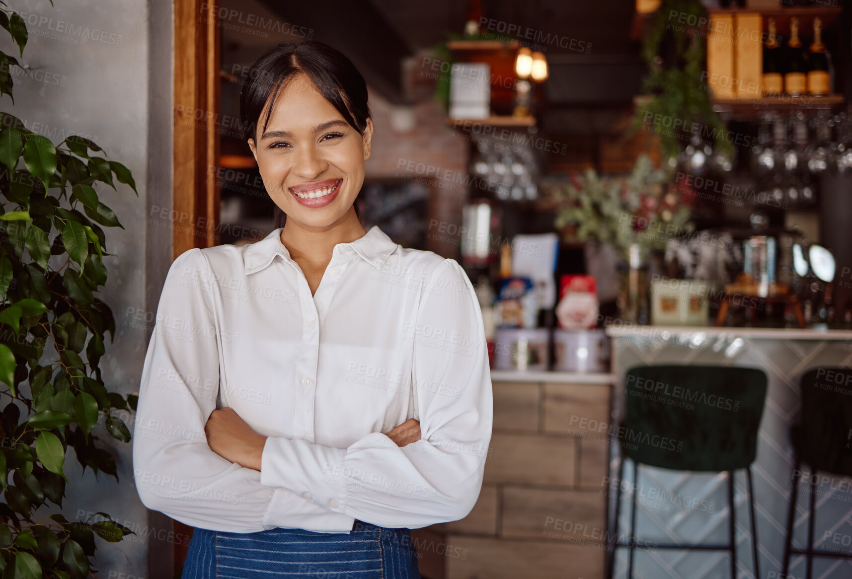 Buy stock photo Small business success, cafe restaurant and happy woman leader portrait in Costa Rica hospitality industry. Confident coffee shop manager, waiter food service with apron and store entrance welcome