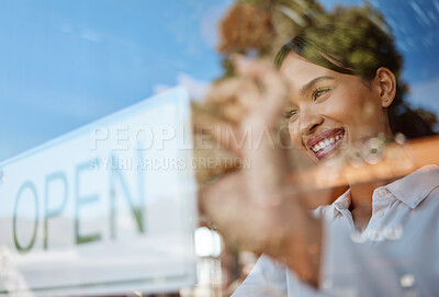 Buy stock photo Open sign, coffee shop and woman opening small business feeling proud as manager, owner or employee excited to start. Smile and happy female startup owner marketing her cafe, service and store