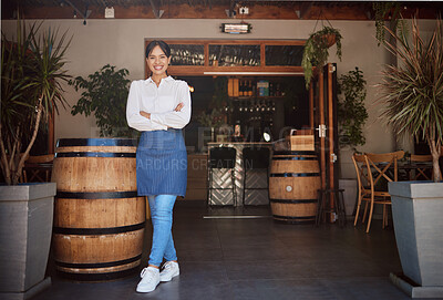 Winery restaurant, proud business owner woman in portrait for food, drink and hospitality industry. Vineyard waitress worker, bartender or manager with service motivation, trust and leader experience