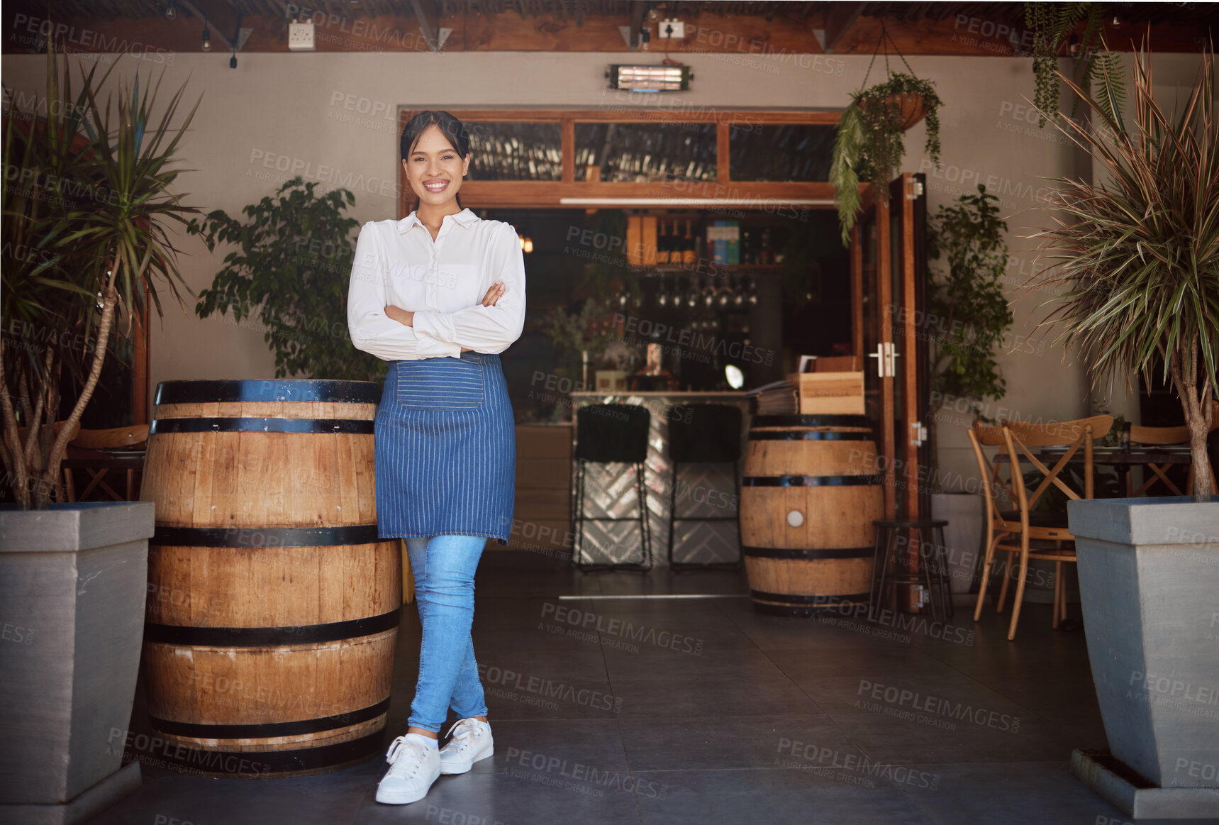 Buy stock photo Winery restaurant, proud business owner woman in portrait for food, drink and hospitality industry. Vineyard waitress worker, bartender or manager with service motivation, trust and leader experience