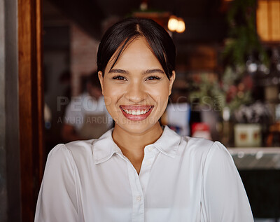 Buy stock photo Happy, cafe owner and black woman working at a restaurant with smile for management job at a store. Face portrait of waitress, boss or worker in happiness for success at a fine dining coffee shop