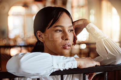 Buy stock photo Woman, stress or anxiety in cafe, restaurant or coffee shop job loss, Portugal covid lockdown and finance crisis. Burnout, depression or mental health small business owner thinking of industry future