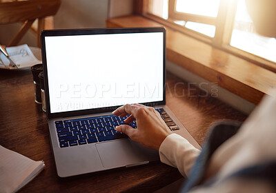 Buy stock photo Mock up, laptop with hand of  business woman working on digital, marketing or email in restaurant cafe. Planning, search and technology with girl typing for internet, network and web design on screen