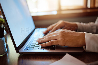 Buy stock photo Hands of business woman typing on a laptop doing a online, internet or web search for company marketing research project. Social media advertising worker, employee or expert working on girl campaign