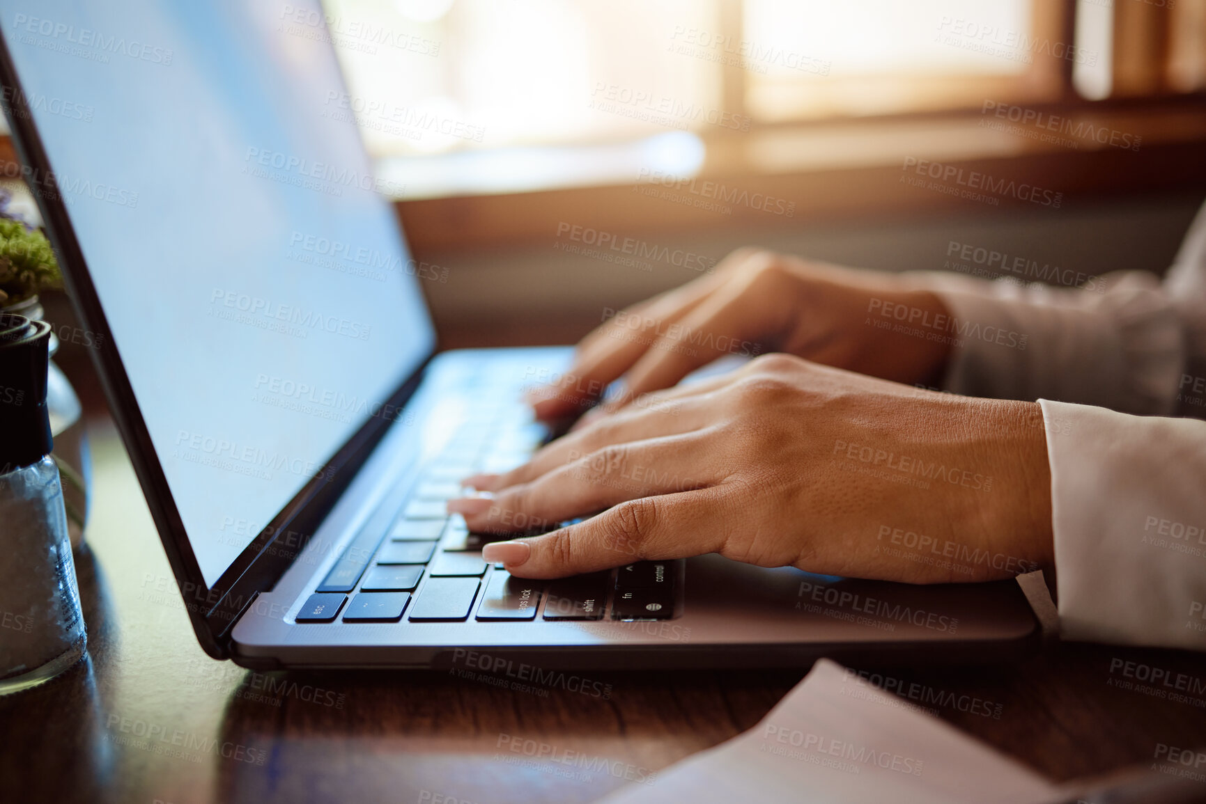 Buy stock photo Hands of business woman typing on a laptop doing a online, internet or web search for company marketing research project. Social media advertising worker, employee or expert working on girl campaign