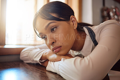 Buy stock photo Depression, mental health and sad student girl depressed over scholarship crisis, education or exam test fail. Anxiety, life problem and young gen z woman with negative mindset and lonely in Mexico