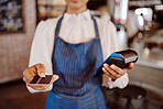 Hand, customer payment using credit card, machine or 5g technology. Manager, sales or money ecommerce tech with coffee shop waiter help for finance, NFC to tap scan or contactless checkout for sale.