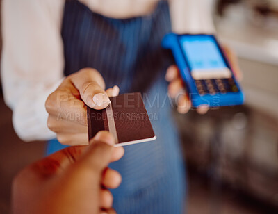 Buy stock photo Credit card, machine and restaurant cashier with customer service for easy, safe and pos payment hands. Fintech, ecommerce and retail business owner or waitress with rfid system 5g network technology