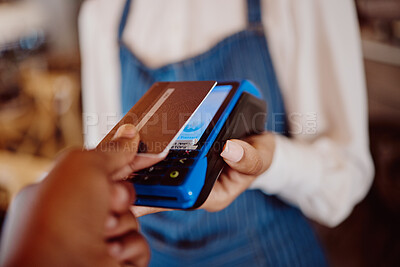 Buy stock photo Credit card, cafe customer and rfid payment at cashier, waiter service and point of sale machine. Worker hands process finance, money and retail shopping, cash register and fintech pos in coffee shop