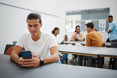 Buy stock photo University man and social media on smartphone in lecture auditorium lesson for internet break. Distracted college student busy with phone text communication on online app in education campus.