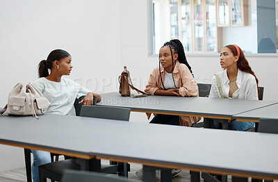 Buy stock photo Student friends and talk in university cafeteria for course guidance and thoughts in break. Young and diverse women in friendship at education facility discuss lecture study group plan.

