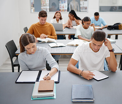 Buy stock photo Studying, learning and students in university classroom with digital tablet screen and notebook mockup for knowledge, education and teaching. Group of people in college with books and reading course