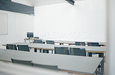 Buy stock photo Empty conference, presentation or interior for a tradeshow class, event or marketing and sales coaching workshop. Meeting room of an educational convention, teaching or business group training space