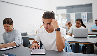 Buy stock photo Digital tablet, university and student in lecture reading course work, classroom information or online internet search. Gen z graphic designer or multimedia college people in classroom learning tech