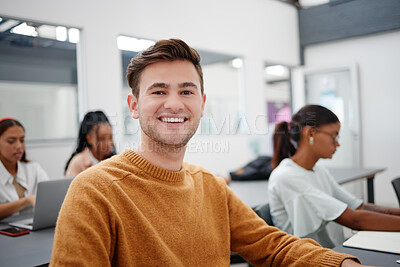 Buy stock photo Lecture, learning and student in class portrait happy with university education, knowledge or scholarship. Young gen z college people and man with vision for success, study motivation or course goals