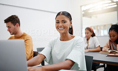 Buy stock photo College student portrait, lecture classroom and laptop typing notes, learning and education for school, campus and university. Happy woman studying computer tech at desk for exam, knowledge and test