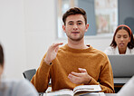 University, lecture and classroom student for question, speaking or talking of research results, book summary or education course. Young man learning knowledge in college school studying information 