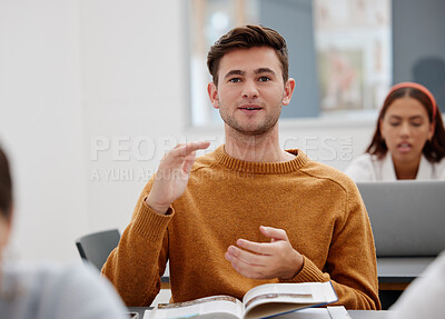 Buy stock photo University, lecture and classroom student for question, speaking or talking of research results, book summary or education course. Young man learning knowledge in college school studying information 