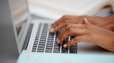 Buy stock photo Woman college student hands typing laptop keyboard, email and freelancer, blogging and website research. Closeup fingers computer elearning, internet connect and planning university education course