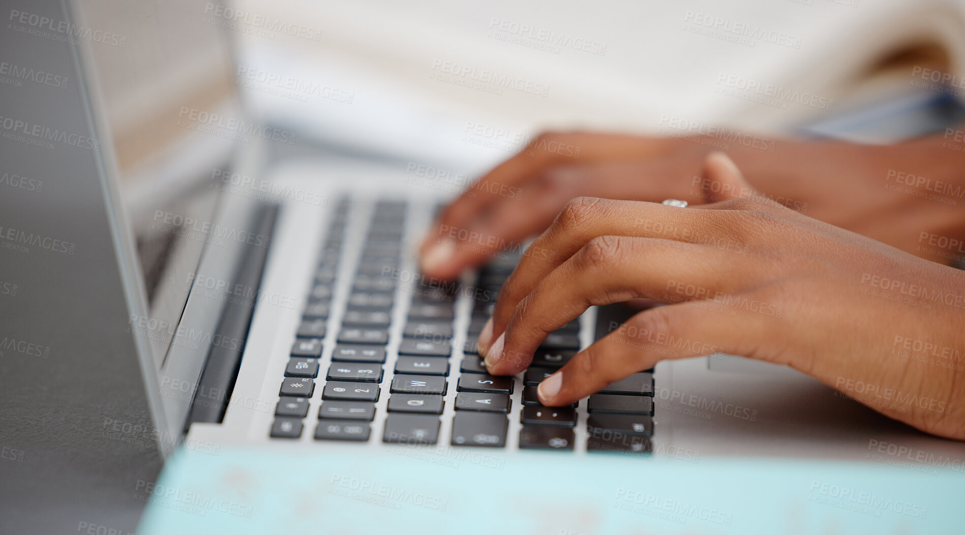 Buy stock photo Woman college student hands typing laptop keyboard, email and freelancer, blogging and website research. Closeup fingers computer elearning, internet connect and planning university education course