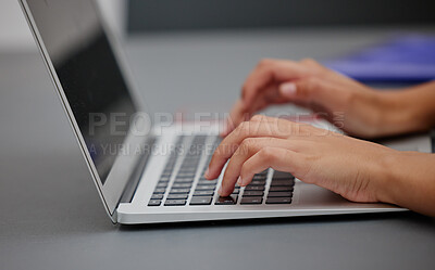 Buy stock photo Laptop, computer or hand working, typing on keyboard for planning, schedule and meeting review in office desk. Zoom, hands and strategy analytics for marketing agency, research or SEO KPI data growth