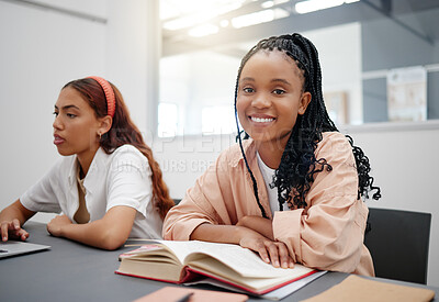 Buy stock photo Reading, books and student portrait in university classroom for language learning, education or knowledge. Black woman in lecture or seminar happy with college research, scholarship and English study