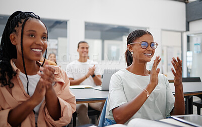 Buy stock photo Education, presentation and students applause in classroom workshop for learning success and development. Smile, college and university audience clapping hands for motivation for studying goals 