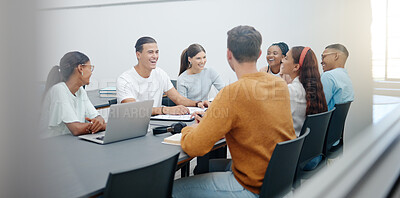Buy stock photo University, group project and students meeting for collaboration, teamwork and brainstorming course ideas for classroom education. Diversity, knowledge and learning college people studying together