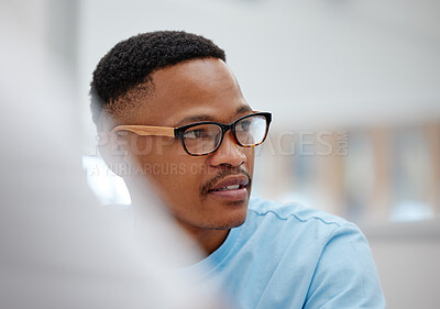Buy stock photo Education, university or thinking black man in classroom, learning library or school campus in South Africa. Student in college study with ideas, innovation or scholarship goals for degree or diploma